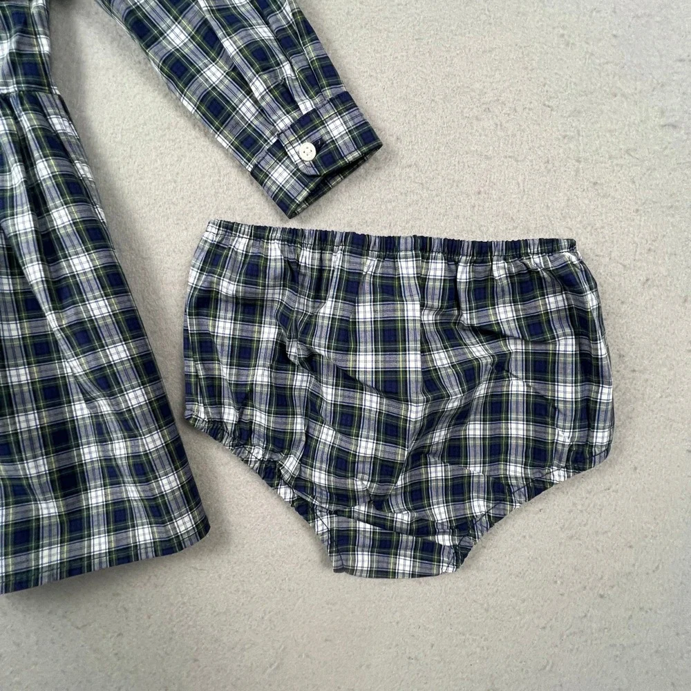 Ralph Lauren Plaid Dress Set Kids 18M Navy Green Ruffle Peter Pan Collar Preppy
